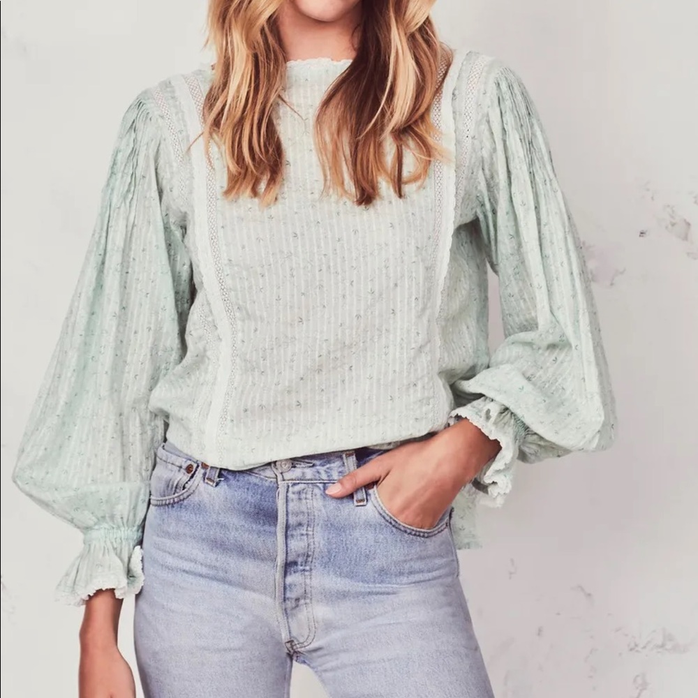Loveshack fancy STEVIE TOP mineral color lace button up blouse